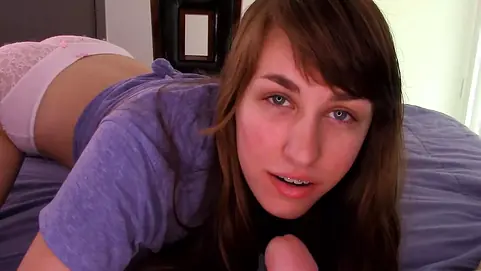 See Covets, a teenage dark haired baby sitter, get a jummy internal ejaculation